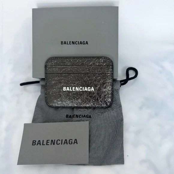 BALENCIAGA LOGO Metallic Silver Leather Credit Card Cash Cardholder Wallet NEW - Picture 9 of 14